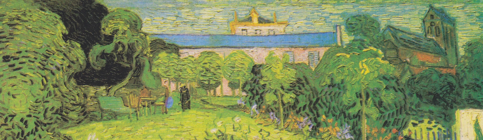 Van Gogh's Daubigny's Garden — a green summer garden with chairs, flowering beds and the roofs of the house behind