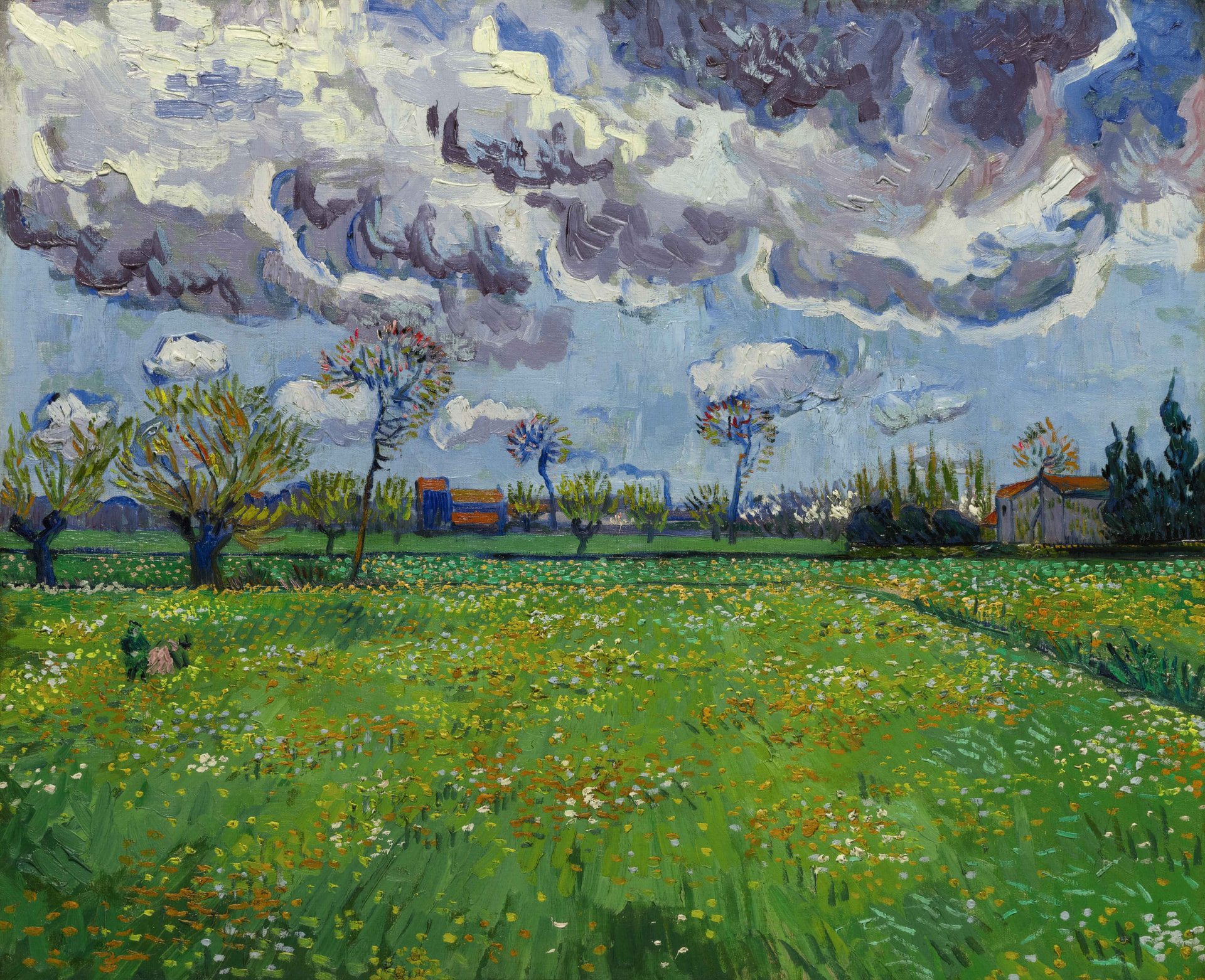 Van Gogh's Meadow with Flowers under a Stormy Sky — dark rolling clouds above a line of trees and small houses, a green flowering meadow below